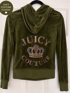 Juicy Couture Made in USA Y2K Velour Rhinestone Crown Hoodie – Small